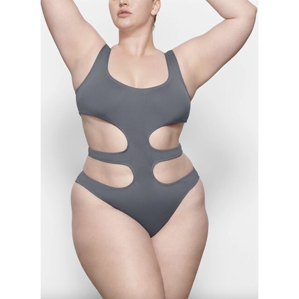SKIMS Gray Racerback One-Piece Swimsuit with Cutouts